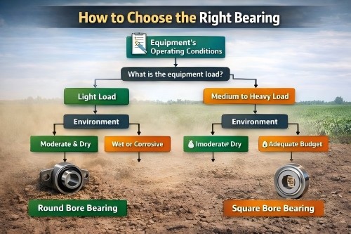 Decision tree helping procurement managers choose the right bearing based on equipment load, environment, and budget.