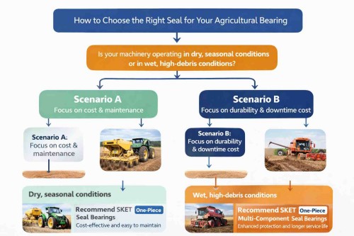 Flowchart guiding the selection of the right bearing seal for agricultural machinery based on environment and operational needs.