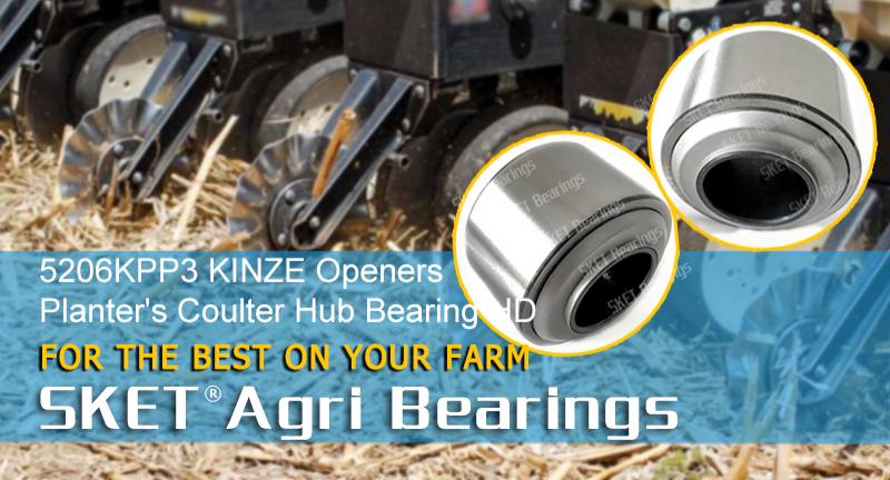 Close-up of the 5206KPP3 KINZE Openers Planter's Coulter Hub Bearing HD, featuring SKET Agri Bearings logo with a background of agricultural machinery in a farm setting