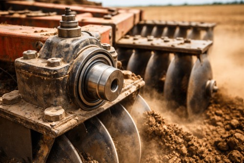 Relubricable disc harrow bearing installed on agricultural disc harrow working in a soil field