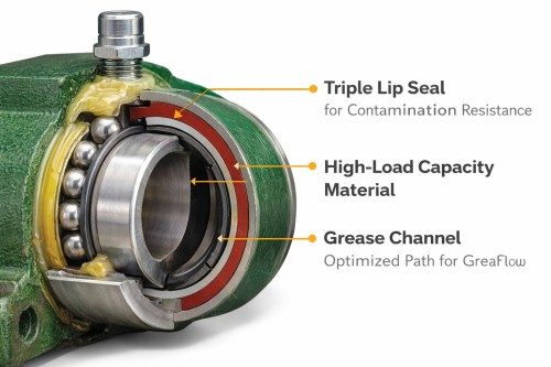 heavy duty relubricable agricultural bearing with triple lip seal design for contamination resistance