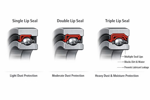 triple lip seal vs double lip seal bearing comparison, bearing cross-section illustration showing single, double, and triple lip seals for dust and lubrication protection