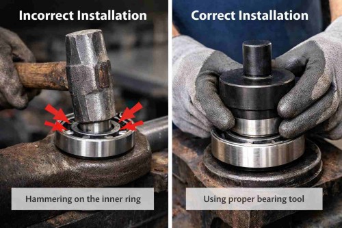 incorrect vs correct bearing mounting force application