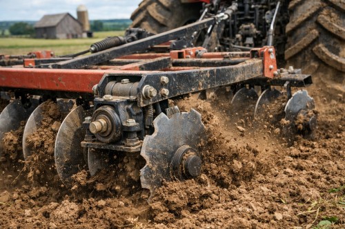 disc harrow bearing working in harsh agricultural field conditions with mud and soil exposure