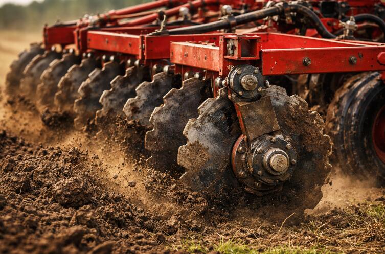 disc harrow working in harsh soil conditions with heavy load bearings