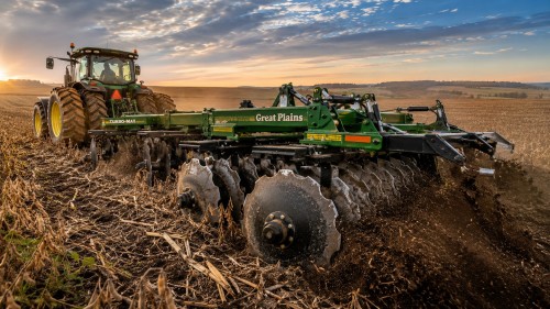 No-tillage farming equipment operating in Brazilian soybean fields with heavy-duty agricultural disc harrow bearings