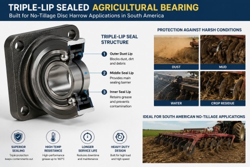 Triple-lip sealed agricultural bearing for no-tillage disc harrow applications in South America