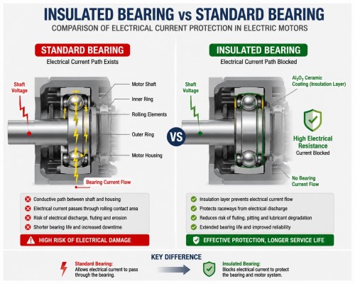 Insulated bearing vs standard bearing comparison showing electrical current protection in electric motors