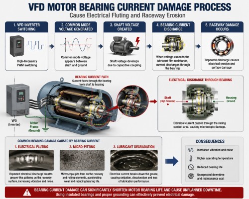 VFD motor bearing current damage process causing electrical fluting and raceway erosion