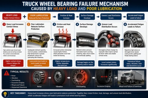 Truck wheel bearing failure mechanism caused by heavy load and poor lubrication
