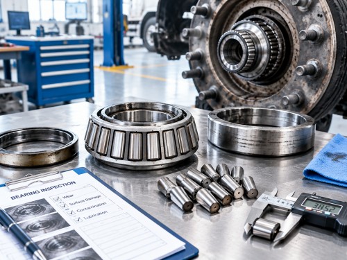 Heavy-duty truck wheel bearing inspection for wear, surface damage, and contamination Heavy-duty truck wheel bearing inspection for wear, surface damage, and contamination